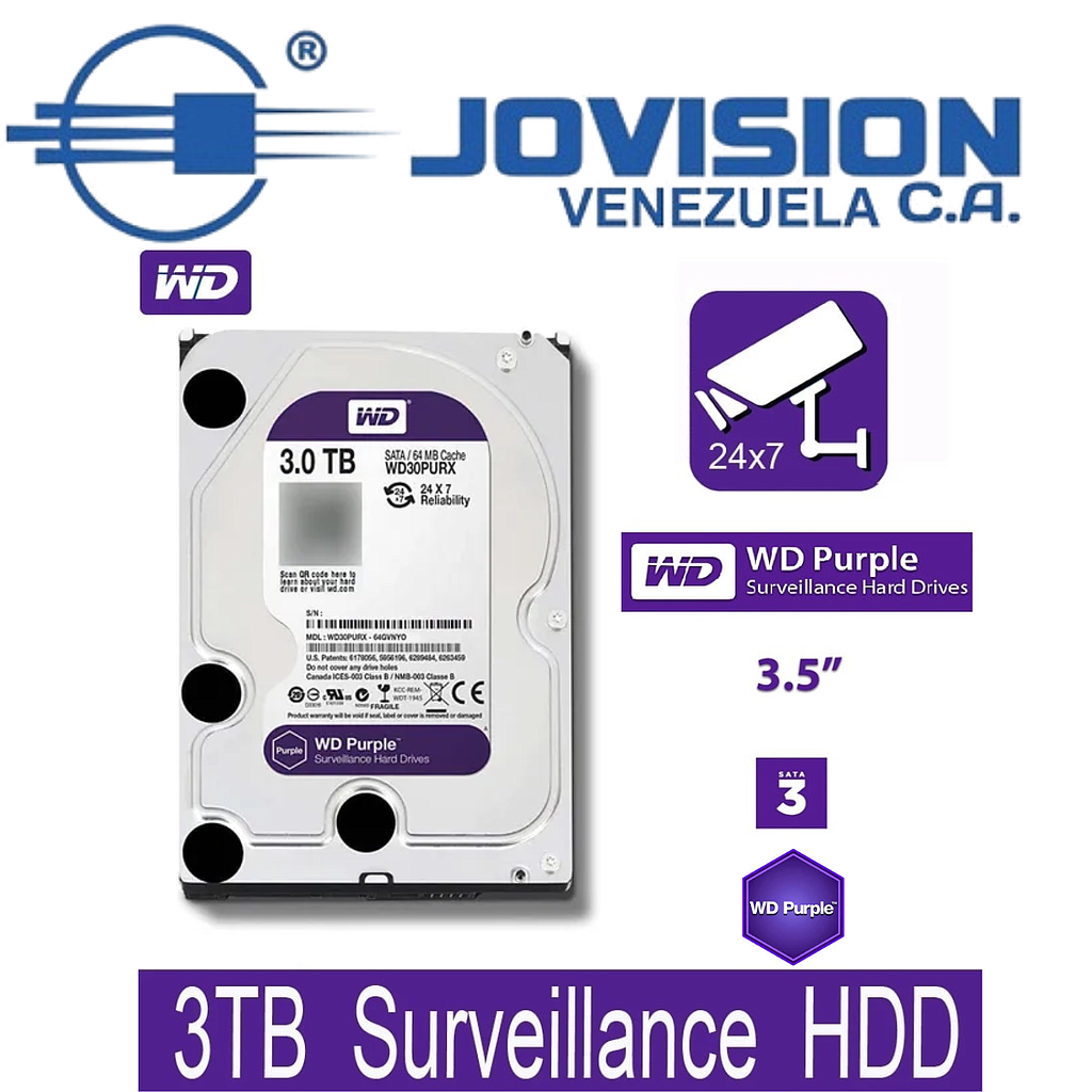 Disco Duro Western Digital 3TB Purple 3.5 64mb Sata New Especial Dvr Cctv Video Vigilancia- Sellados Nuevos