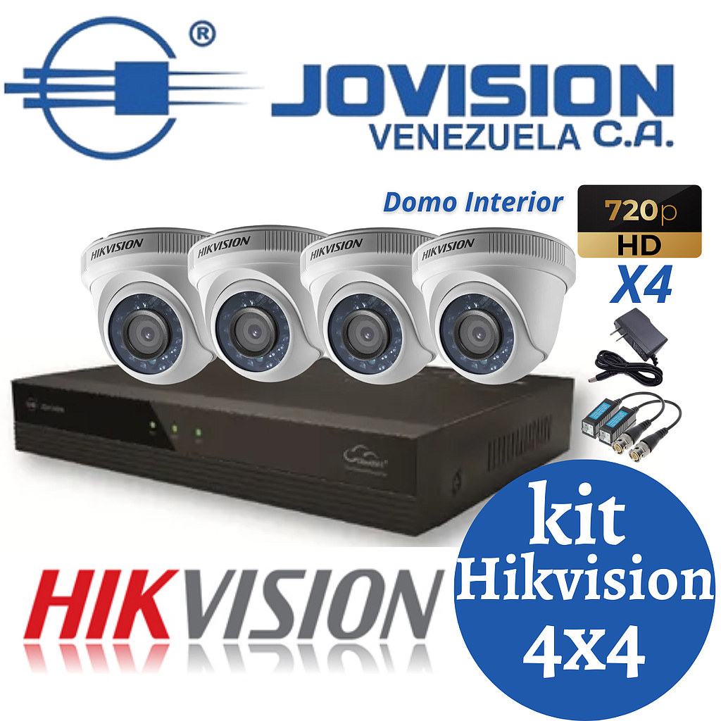 Kit Camaras De Seguridad Hikvision Dvr 4 Canales + 4 Domos 720p+ 4VB+ 4Fuente 12v